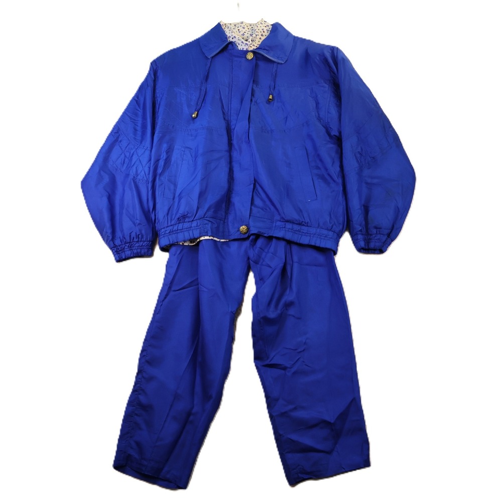 Laura Katherine 100% Silk 3 PC Tracksuit Set Blue Jacket Pants Shirt M Vintage